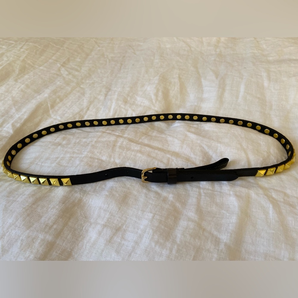 LineaPelle Black Leather Gold Pyramid Stud Belt - size S